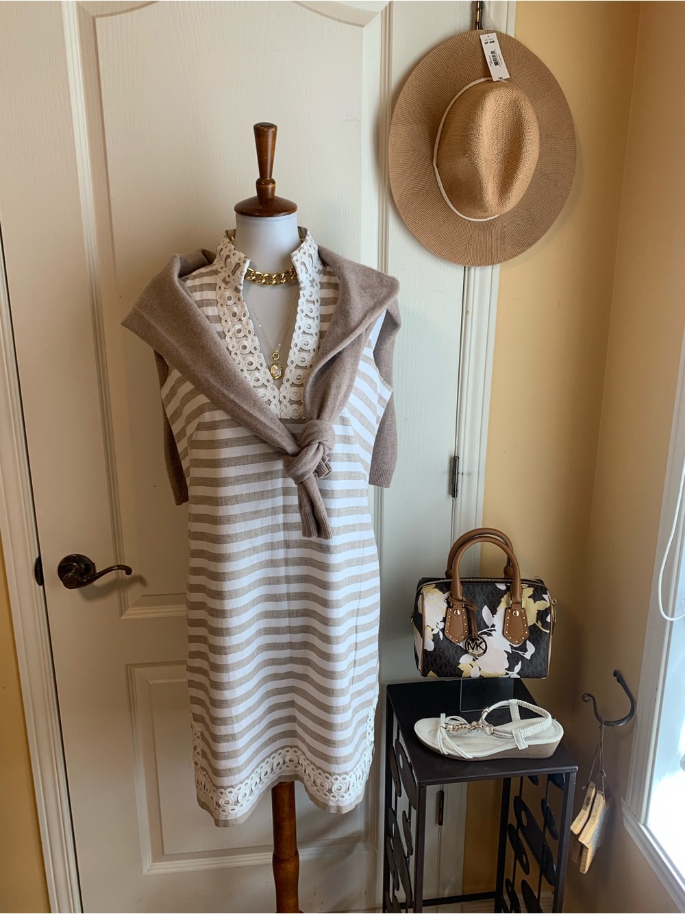 Eliza J Taupe & White linen  Striped Dress